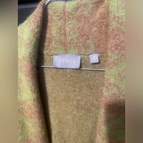 Medium brown & muted chartreuse green long warm & fuzzy sweater coat - Picture 3 of 4